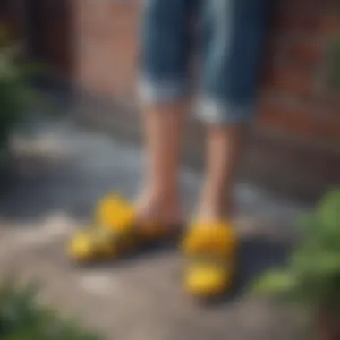 A person wearing bee slippers in a casual outdoor setting