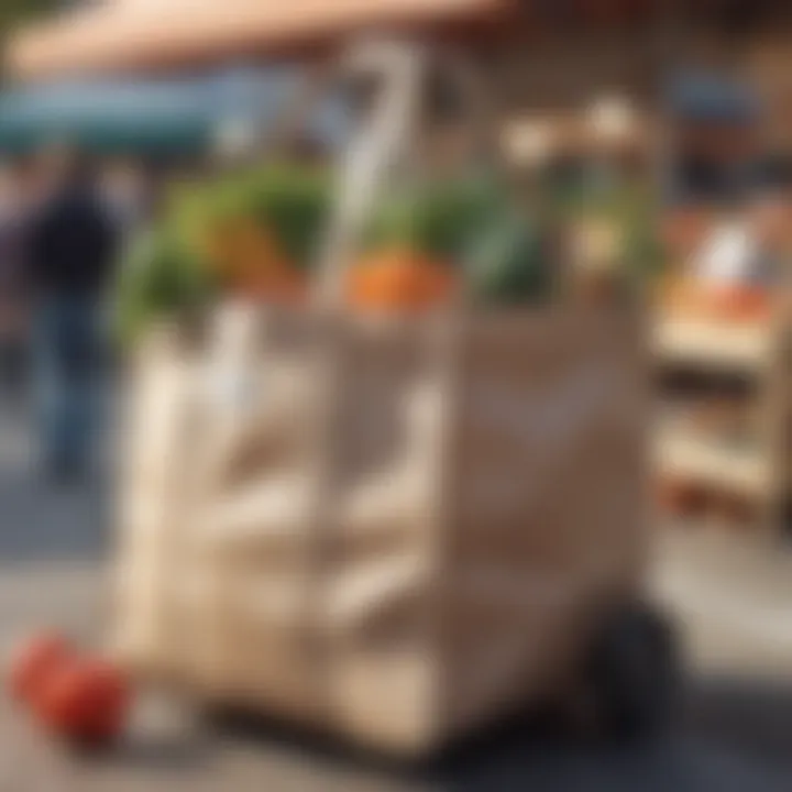 Eco-friendly collapsible shopping bag on wheels at a farmer's market