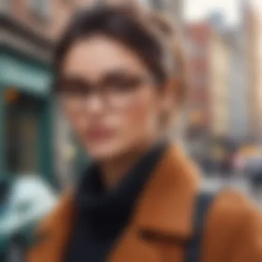 A fashionable individual wearing clear glasses with tortoiseshell rims in an urban setting