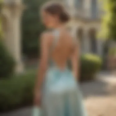 Elegant Brianna open back dress showcased on a stylish model in a serene outdoor setting