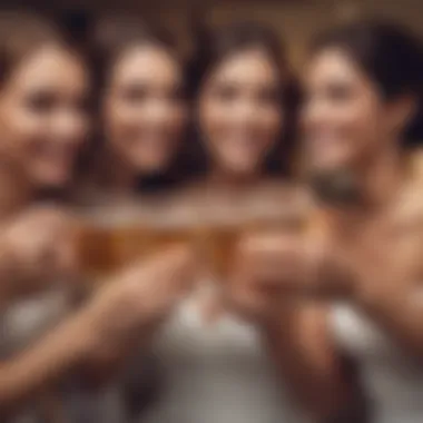 Group of friends celebrating with bride tribe shot glasses