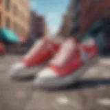 Stylish pair of non-slip canvas shoes on a vibrant urban background