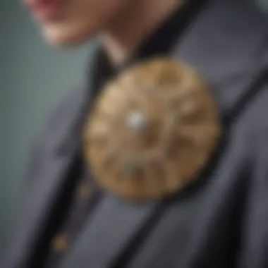 A close-up of a handmade photo brooch pin showcasing detailed craftsmanship.