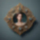 A vintage photo brooch pin adorned with intricate designs and a personal photograph.