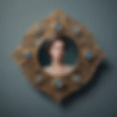 A vintage photo brooch pin adorned with intricate designs and a personal photograph.