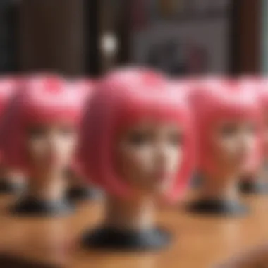 Various customization options for pink bob wigs displayed on a table.