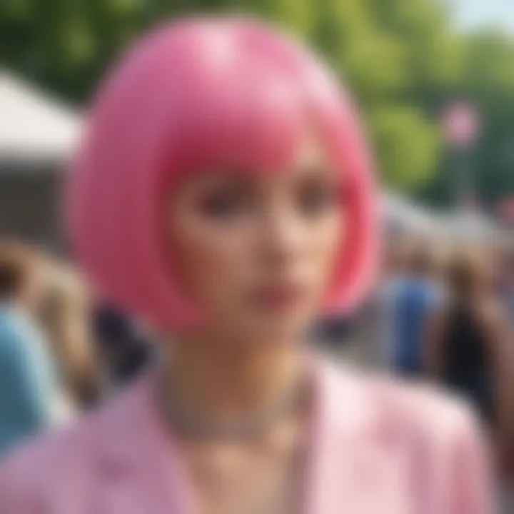 A fashionable individual wearing a pink bob wig at an outdoor event.