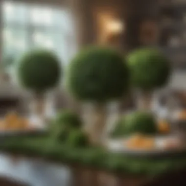 Artificial boxwood topiary balls as decorative centerpieces on a dining table