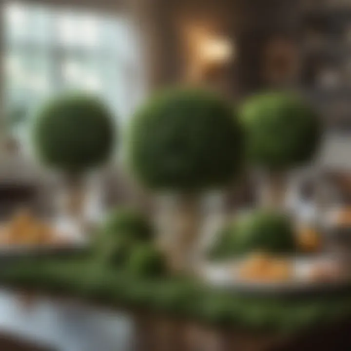 Artificial boxwood topiary balls as decorative centerpieces on a dining table