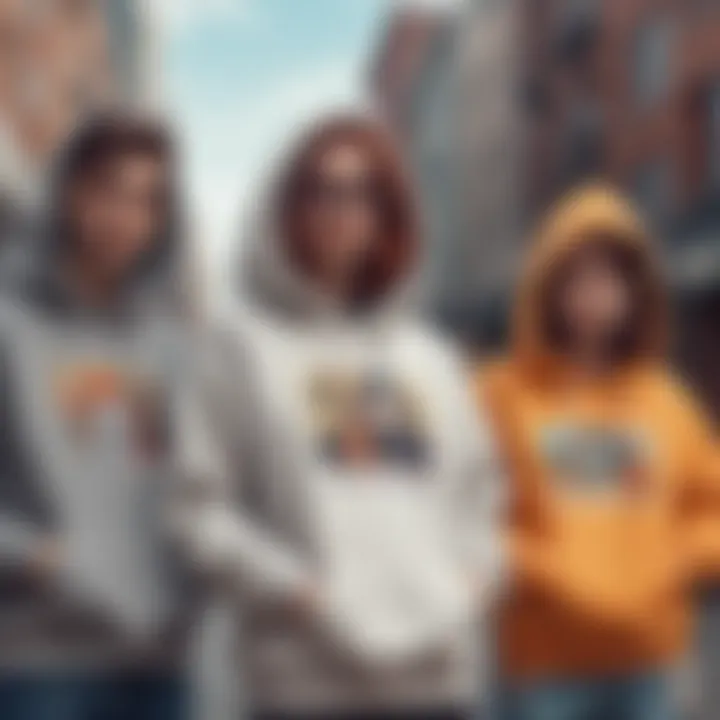 A group of friends proudly wearing cartoon character hoodies in a city setting