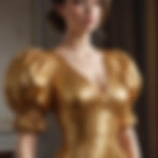 Elegant gold puff sleeve dress displayed on a mannequin