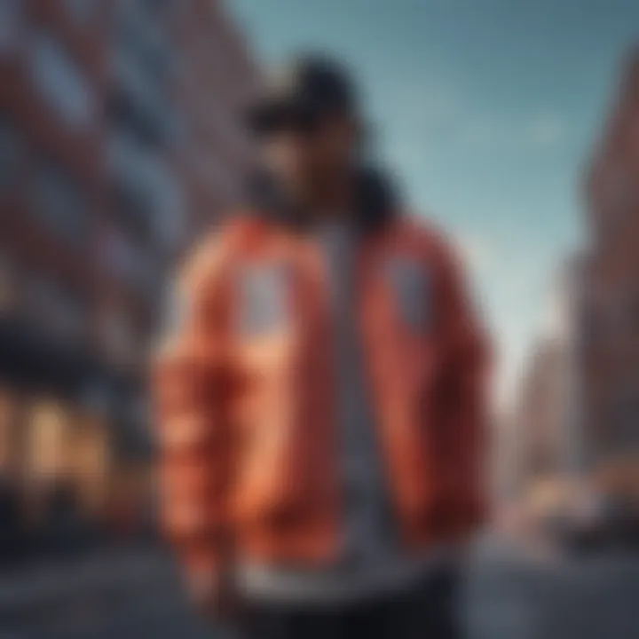 A fashionable hip hop jacket displayed against an urban backdrop.