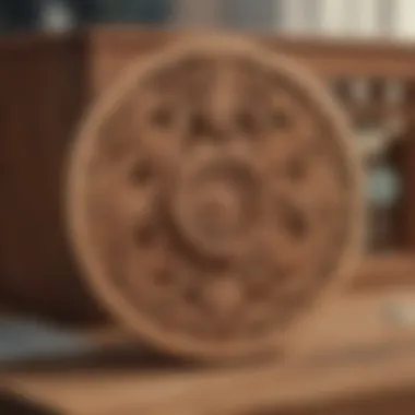 Close-up of a handcrafted wooden earring organizer with intricate designs