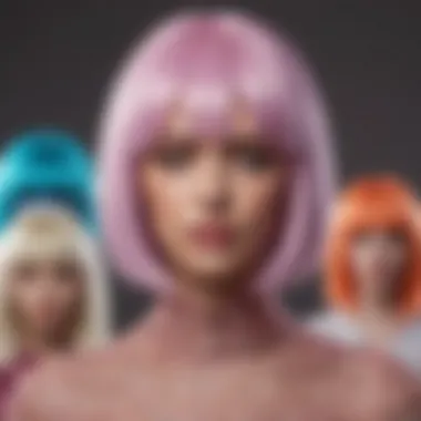 An artistic representation of identity and self-expression through synthetic wigs.