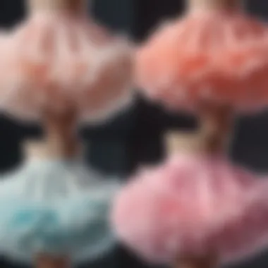 Different color variations of fluffy tutu skirts displayed in a creative arrangement.