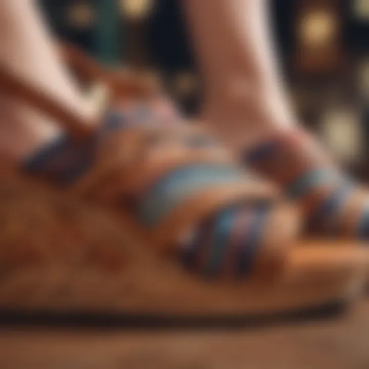 Close-up of intricate weaving patterns on wedge sandals.